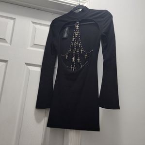 Dollskill Current Mood Rosary Cross Bead Open Back Long Sleeve Micro Mini Dress